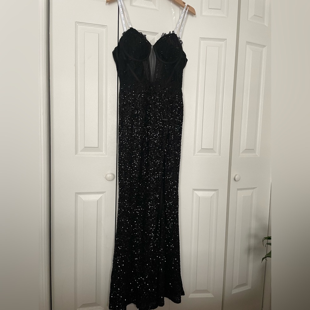 Camille La Vie Strapless Sequin Lace Up Back Dress with Side Slit